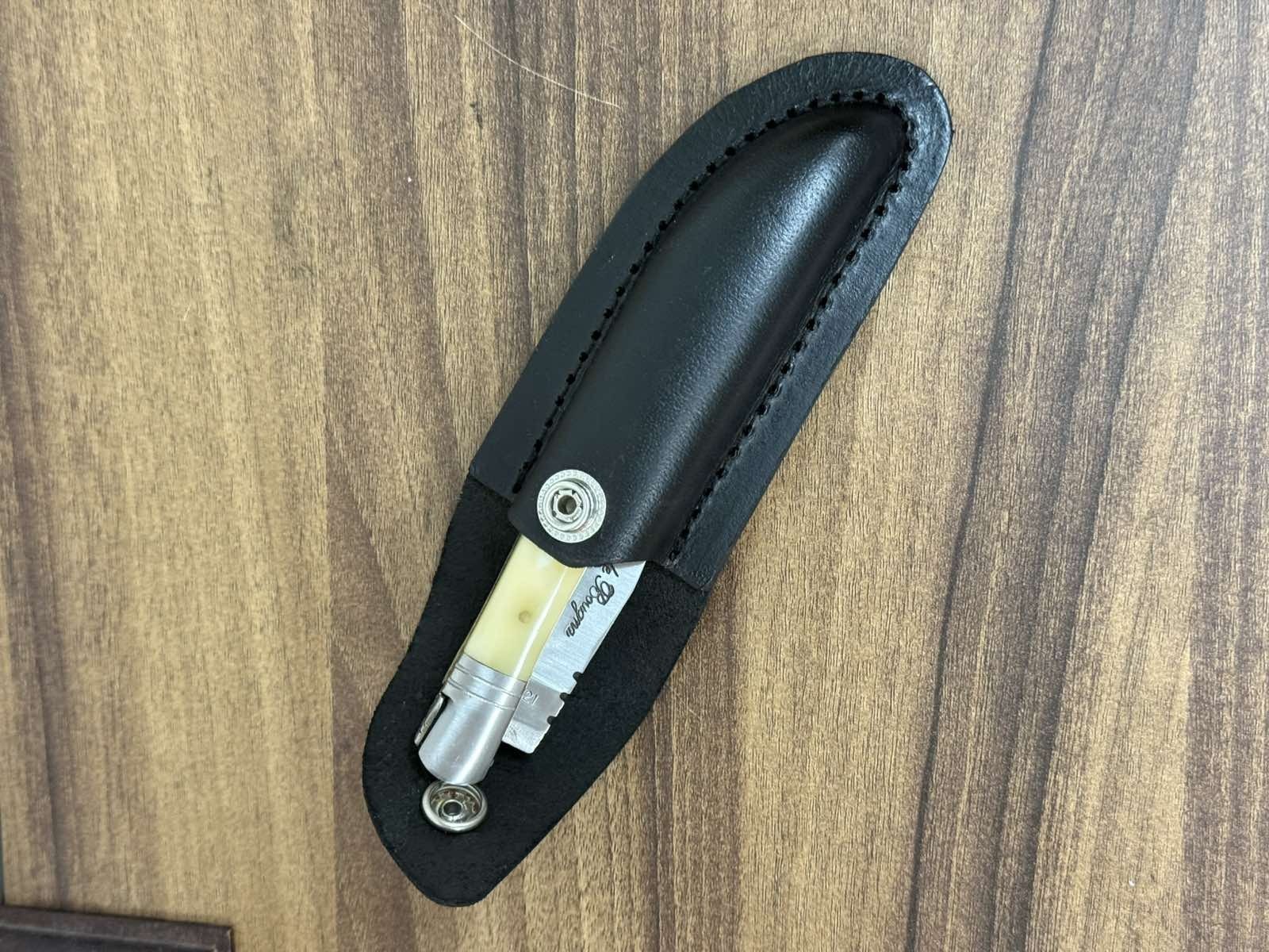 Vintage Laquiole Pocket Knife Blade Steel Antler Handle Leather Sheath Mens Rare