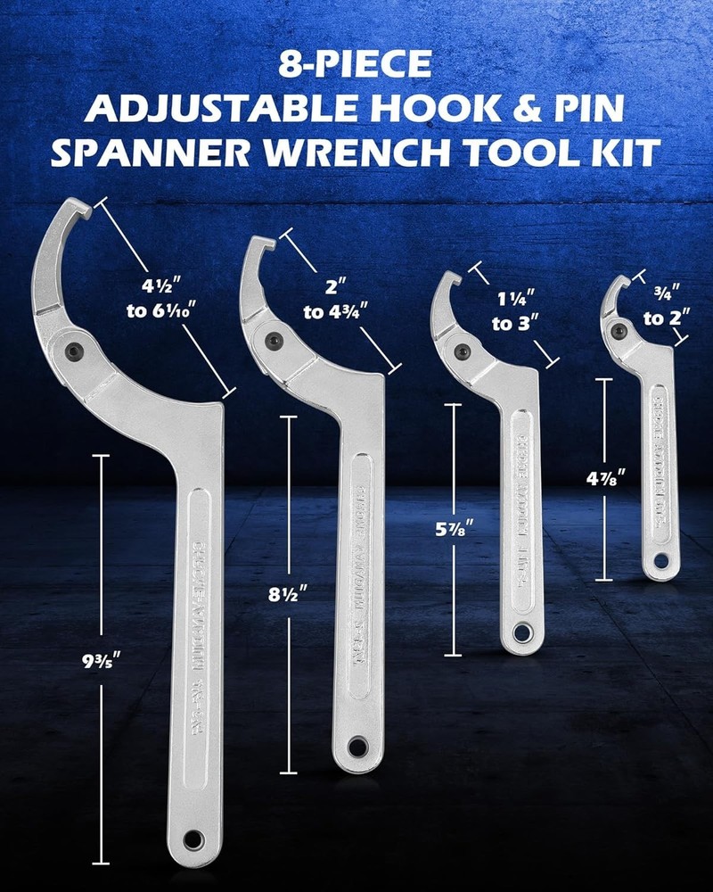 8pc Adjustable Pin Spanner Wrench Set with Changeable Heads
