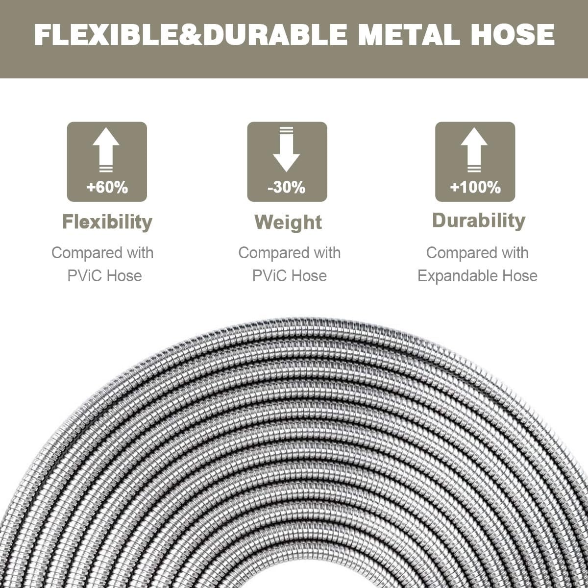 50ft 304 Stainless Steel Garden Hose Metal, Heavy Duty Water Pipe with Nozzle