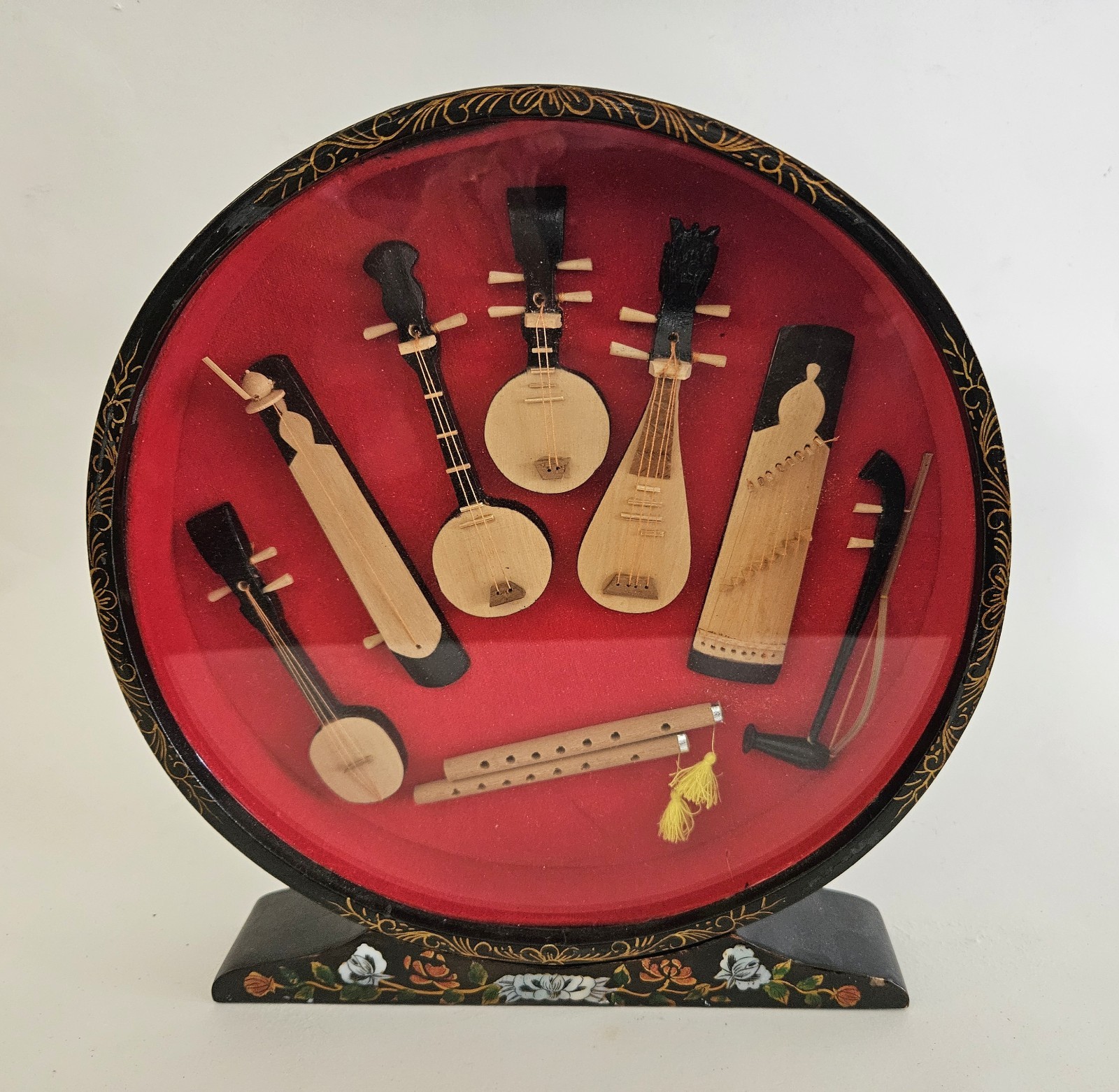 Chinese Mini Vtg Musical Instruments Wooden Show Case Display Mother of Pearl