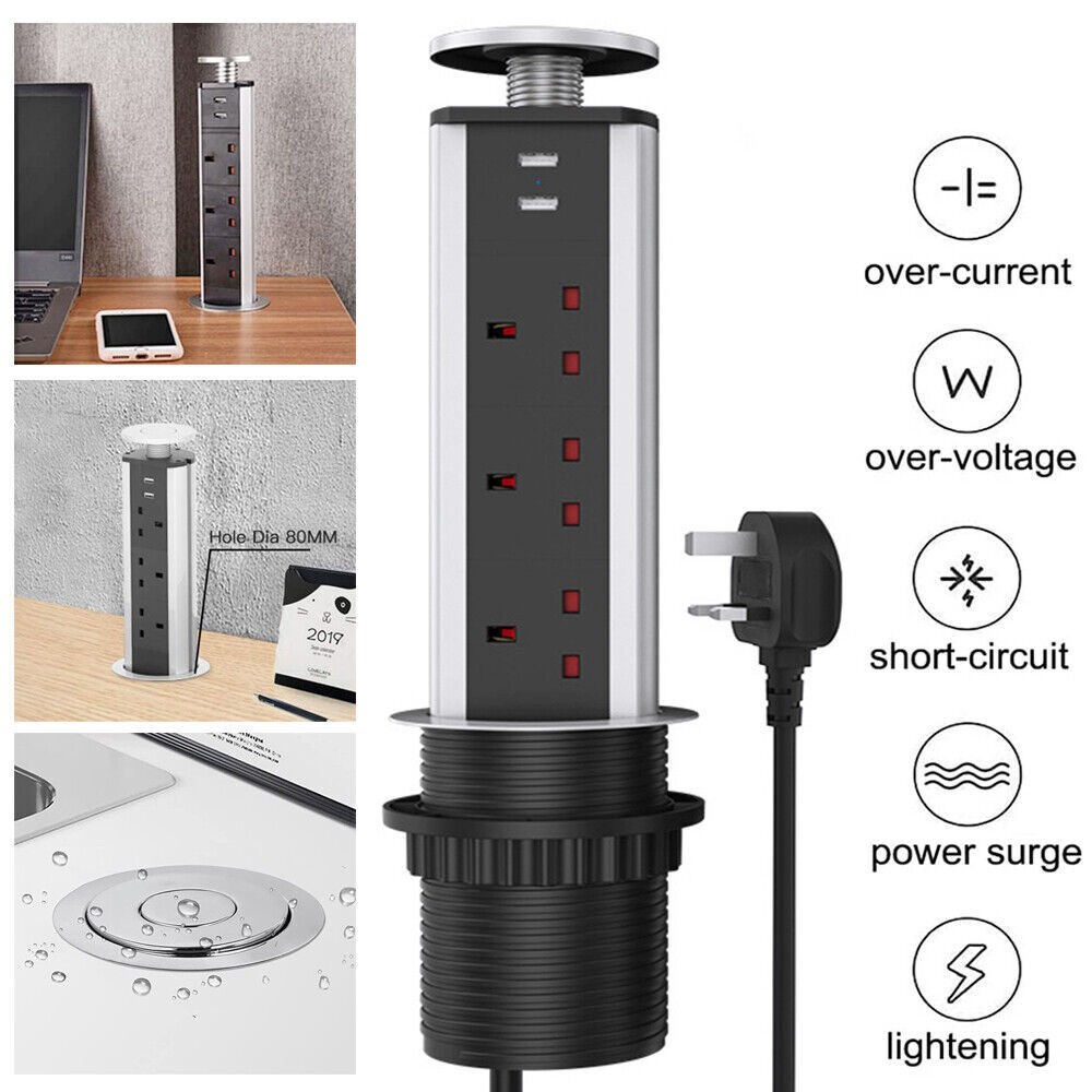 Pull Pop Up Socket Power Strip Tower UK Plug 2 USB Desk Extension Kitchen Office