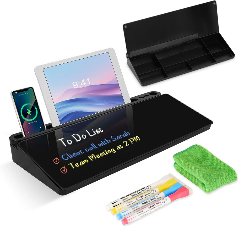 Desktop Glass Whiteboard with Storage, Desk Board with Computer Keyboard Stand,
