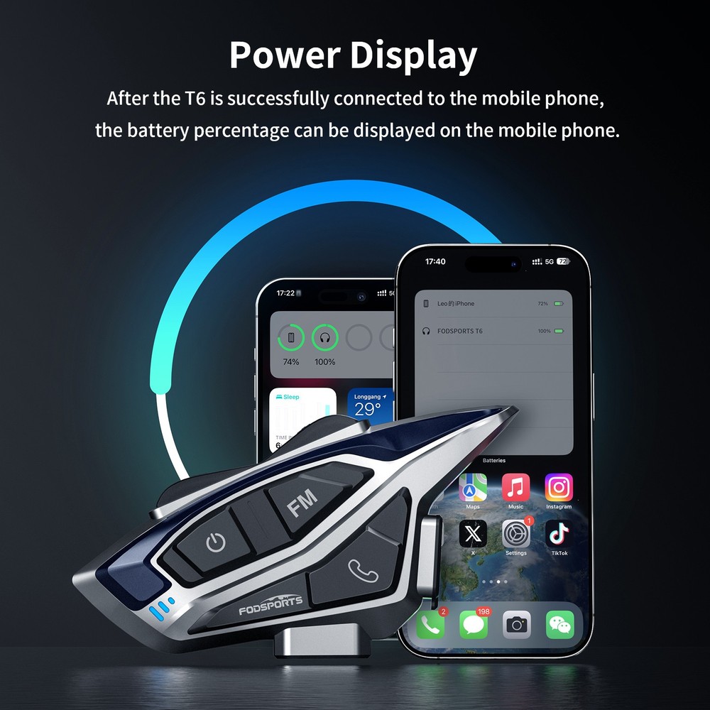 T6 Motorcycle Bluetooth Headset Helmet Intercom 2-Way 1000m Communication +Shell