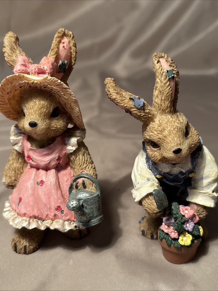 Set 2 Easter Gardener Bunnies with Patchwork Ears Resin Figurines 4.5"