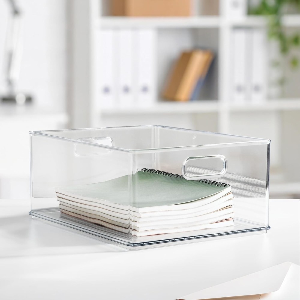 Recycled Plastic Stackable Storage Bin W/ Handles Clear