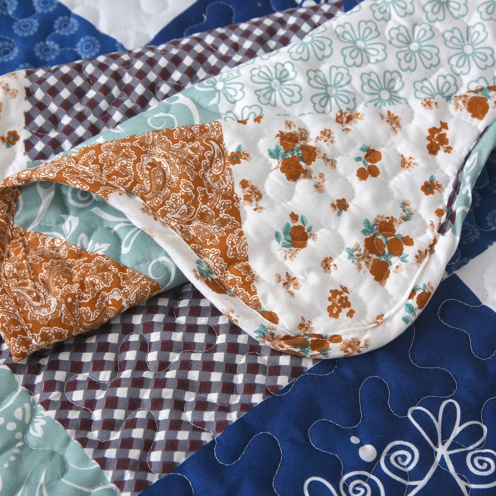 Dinjoy Reversible Patchwork Quilt Bedding Set Queen Size Blue Queen,