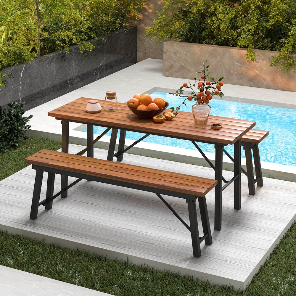 Folding Picnic Bench Set 55" Long Rectangular Wooden Dining Camping BBQ Benches