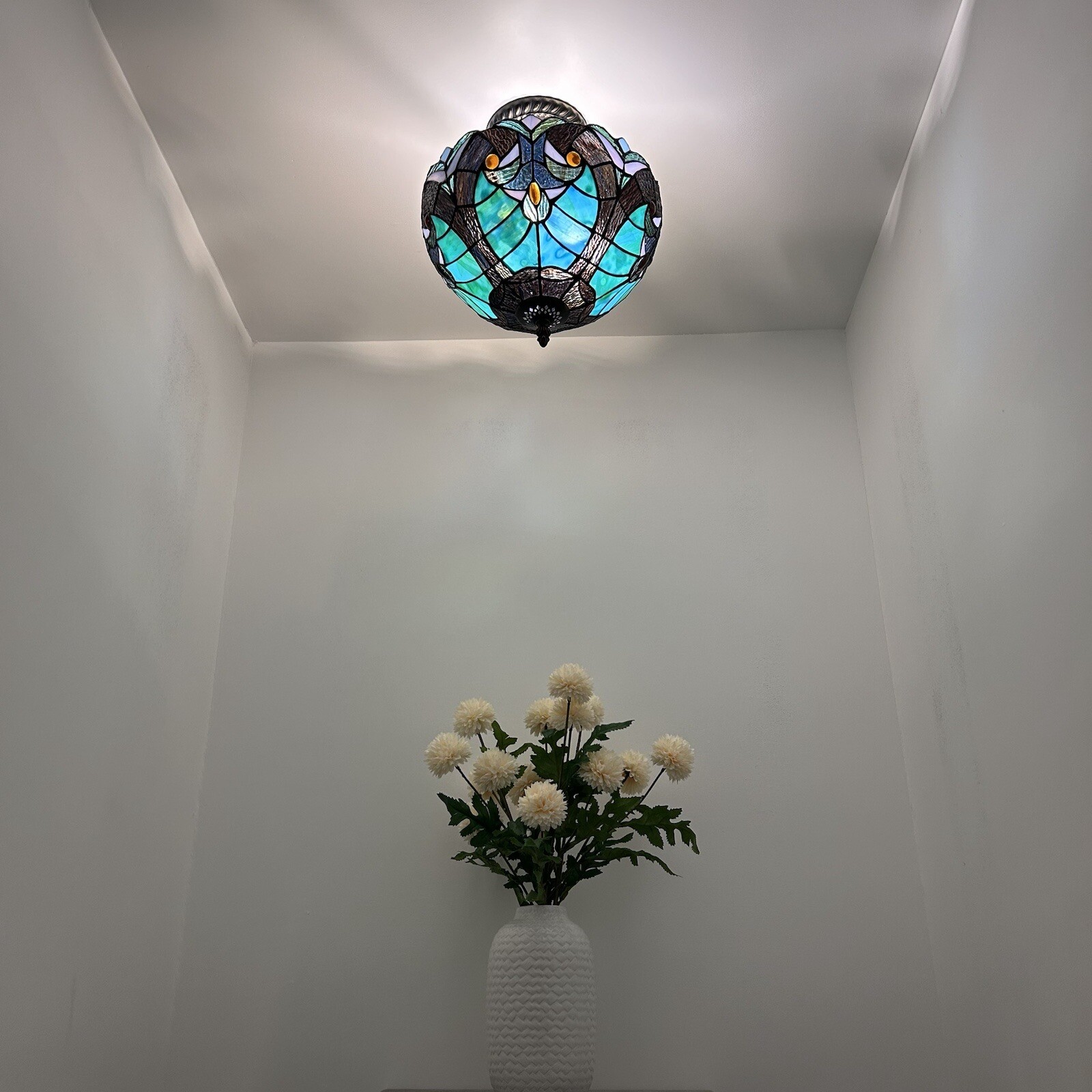 Tiffany Style Ceiling Light Fixture Green Brown Stained Glass LED Bulbs 12"H12"W