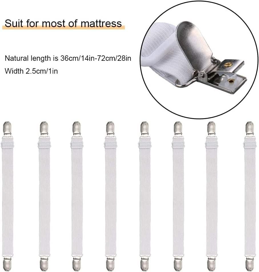 Multipurpose Elastic Mattress Sheet Clips - 8 Adjustable Fasteners in White
