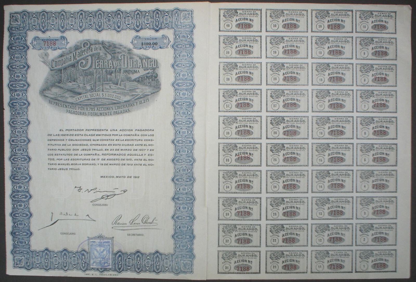 Mexico 20 x Mexican Stocks & Bonds uncancelled + coupons