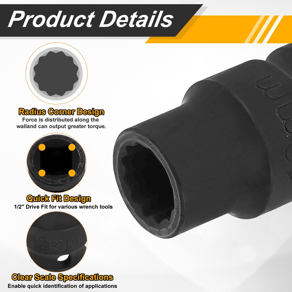 1/2" Drive 12 Points Socket 12mm Metric CR-V Steel Shallow Impact Socket