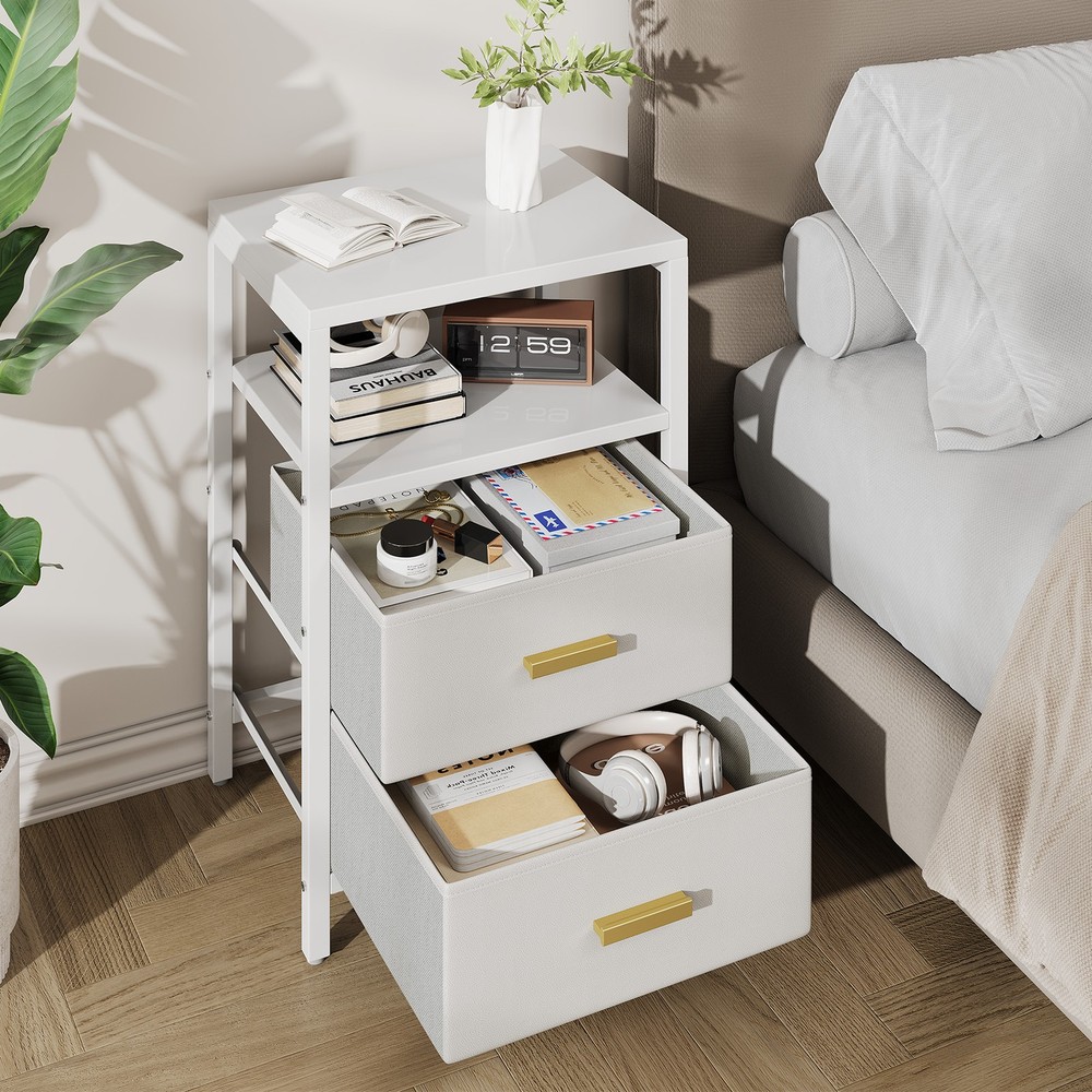 Bedside End Table Particle Board Modern Nightstand With 2 Fabric Drawers