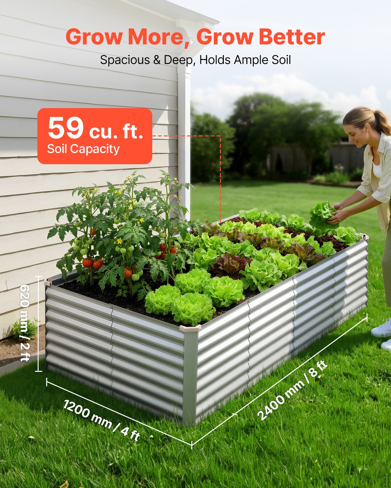 VEVOR Galvanized Raised Garden Bed 8 x 4 x 2 ft Rectangular Planter Box Silver