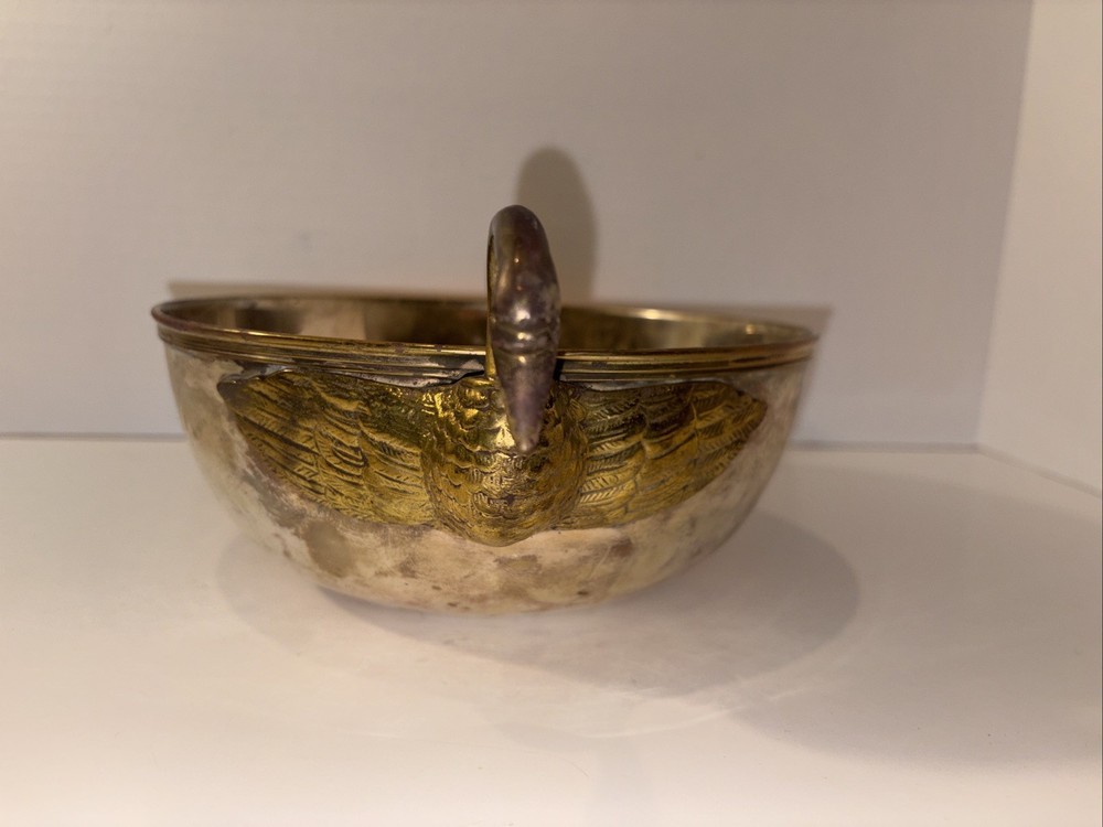 Antique Solid Brass Silverplate Large Bowl With Duck Handles