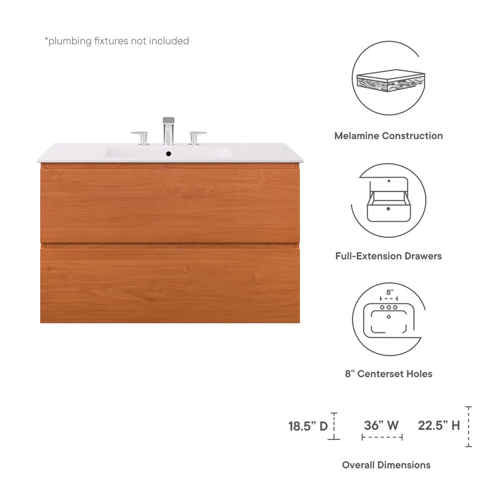 Modway Scenic 36" Wall-Mount Bathroom Vanity in Cherry WhiteCherry White