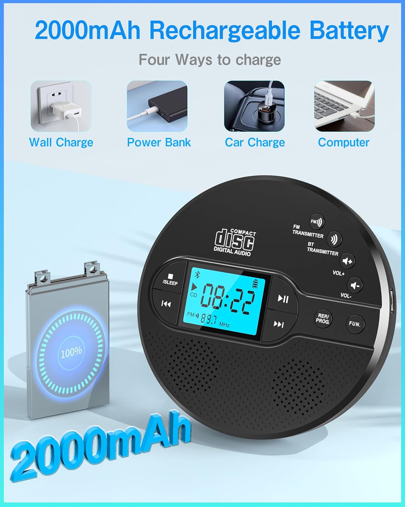 Portable CD Player with Bluetooth, Discman CD Player for Car with FM Transmitter