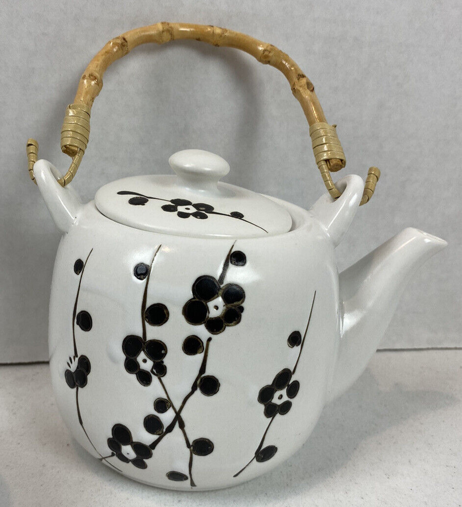 White Ceramic Teapot w Black Flowers & Two Cups Wicker Handle EUC