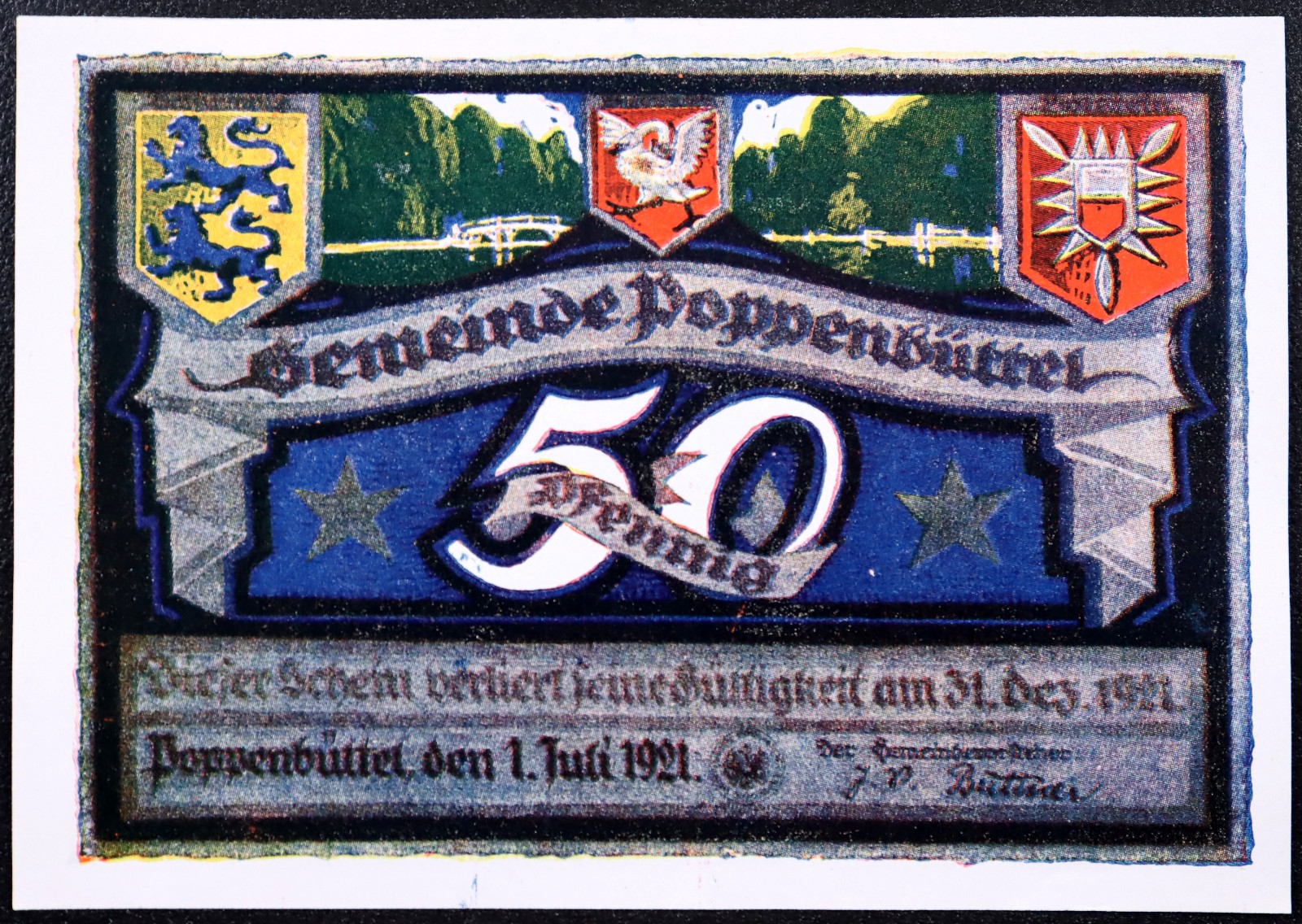 POPPENBÜTTEL 1921 "Langwisch Bridge" 50 Pfennig German Notgeld Glossy Paper