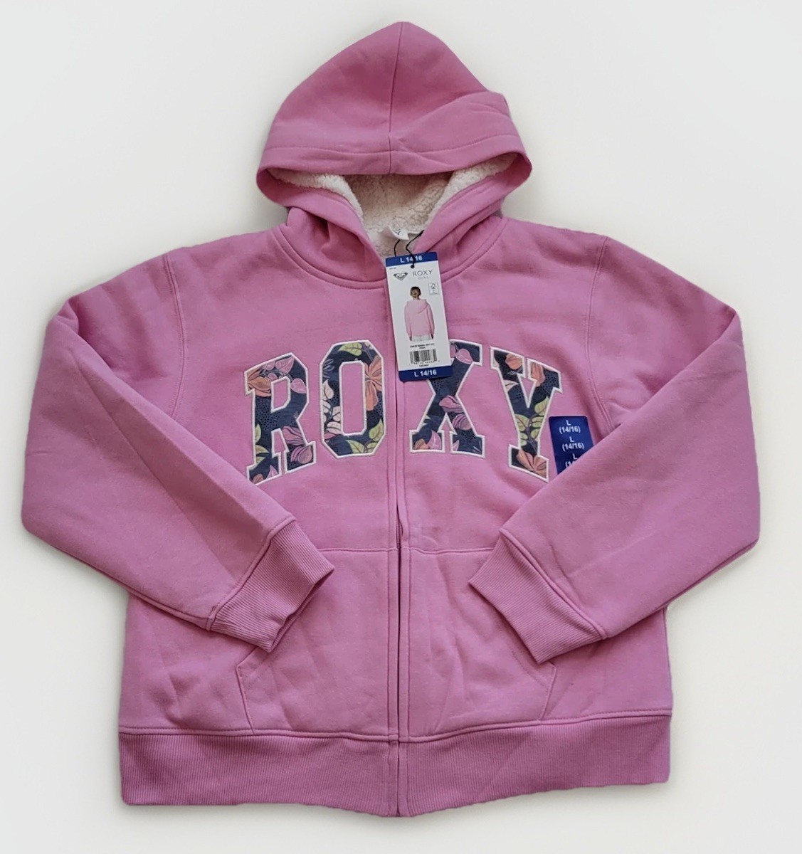 Roxy pink girls fleece hoodie jacket Large 14/16 sherpa lined full zip
