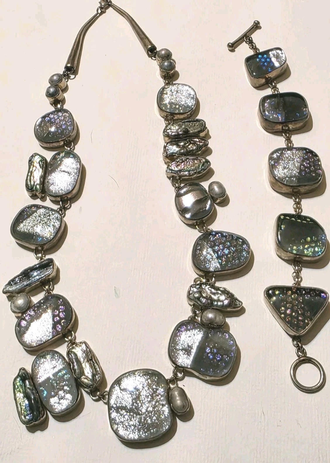 Signed Sterling Silver Dichroic Art Glass Necklace Bracelet Set Large Statement