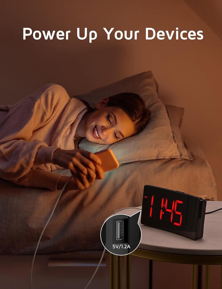 Red Digital Projection Alarm Clock With Usb Charging Large Easy Read Display