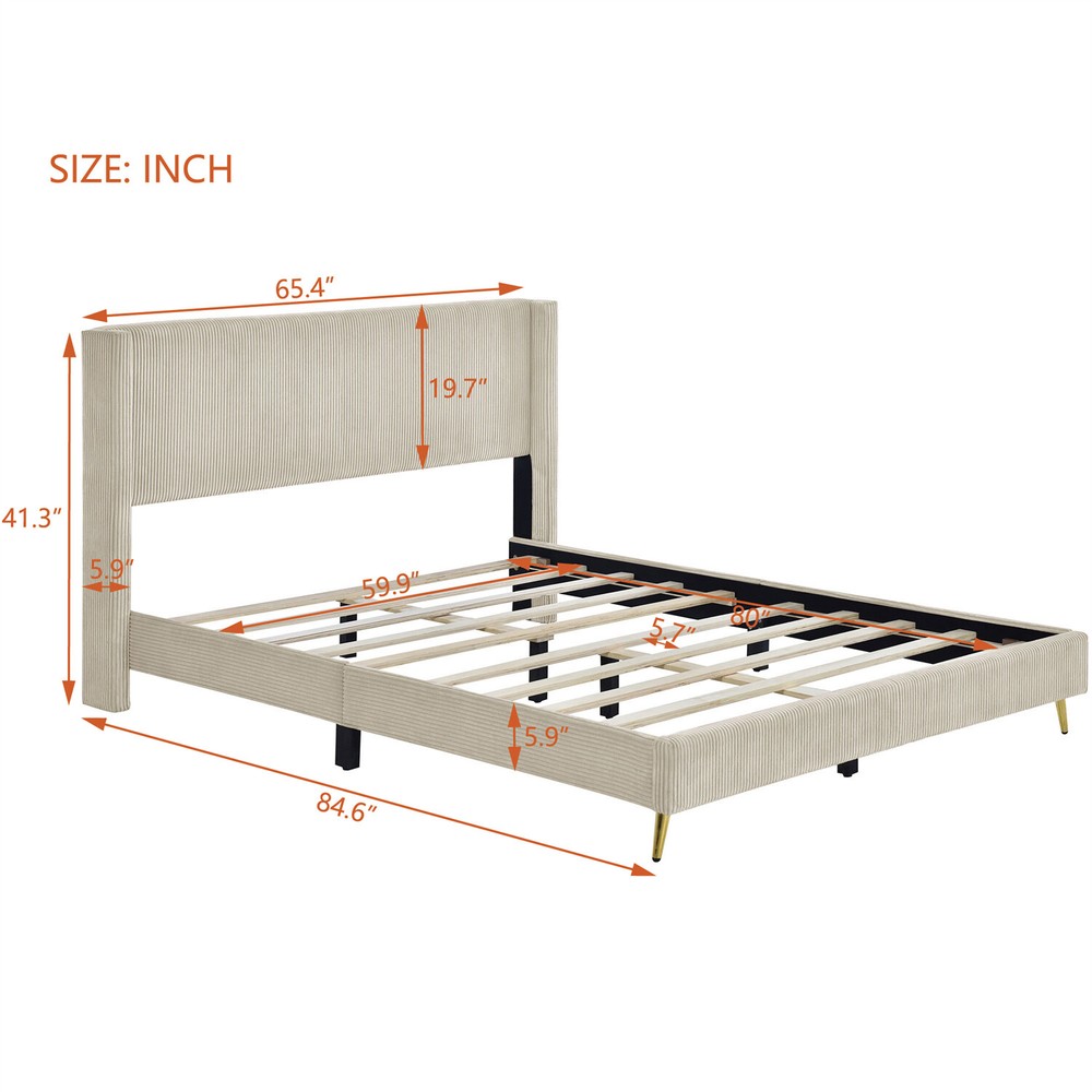 Queen Size Bed Frame Upholstered Platform Bed w/ Upholstered Headboard Beige