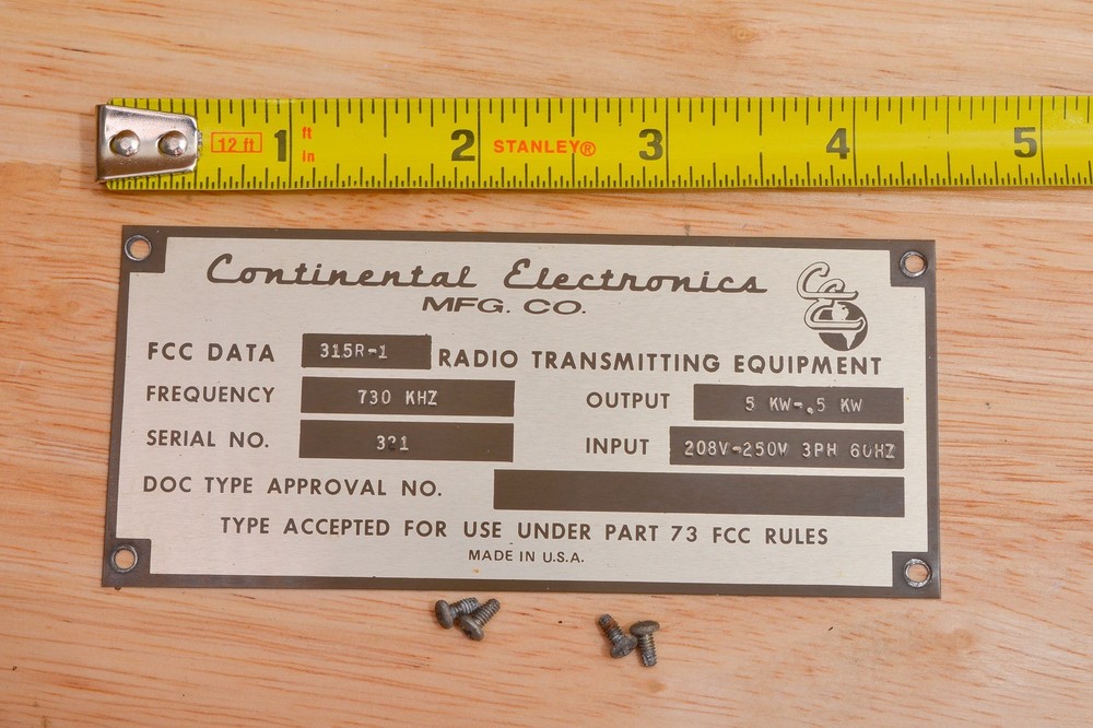 PLACARD FOR CONTINENTAL 315R-1 828E-1 COLLINS POWER ROCK AM TRANSMITTER