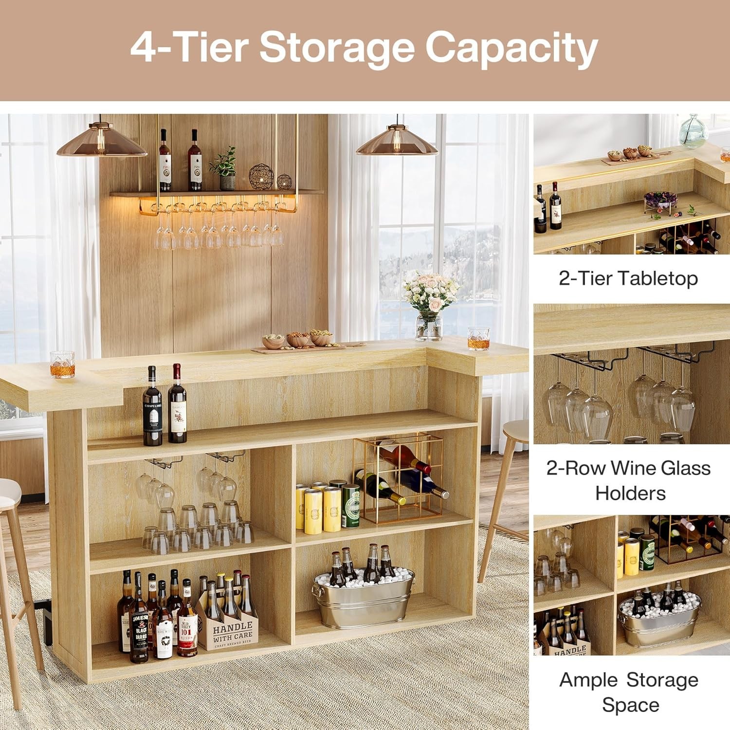 4-Tier Bar Table, 70.9-Inch Large Wooden Home Bar Unit for Home, Patio, Basement