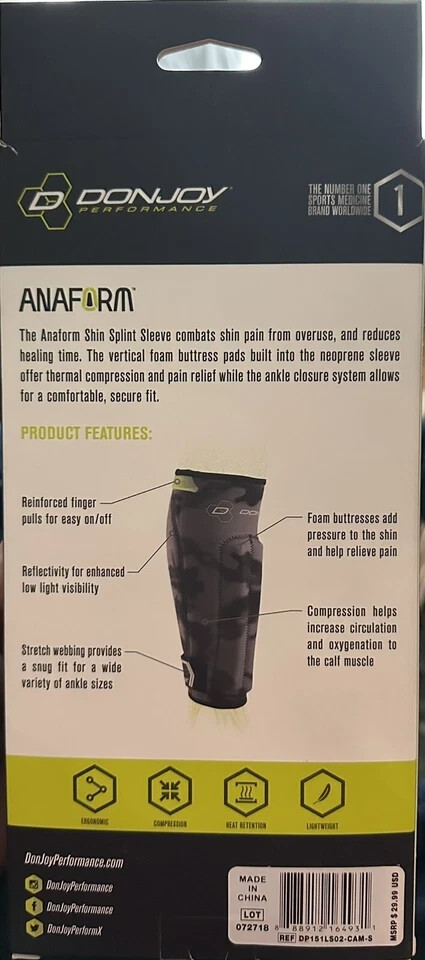 NEW DonJoy Performance ANAFORM Shin Splint Compression Sleeve Camo SMALL