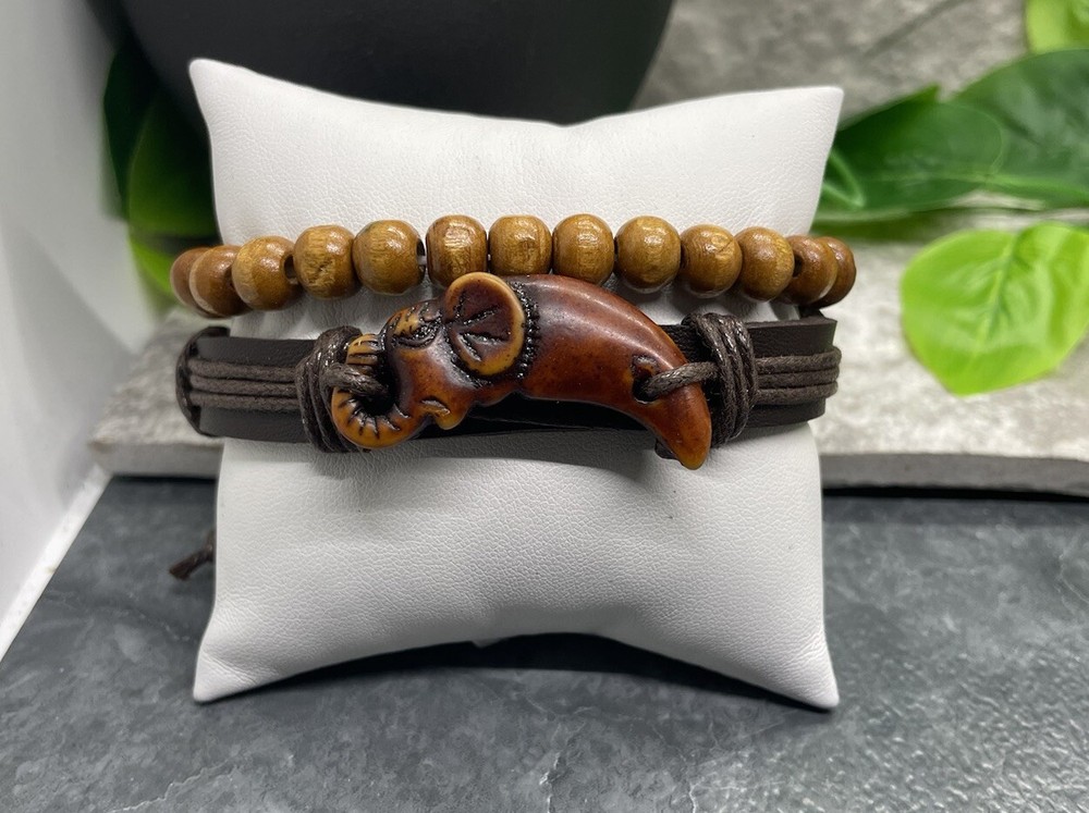 2 PC Leather Bracelet Wood Bead Stackable Adjustable Tie Free Ship B2901