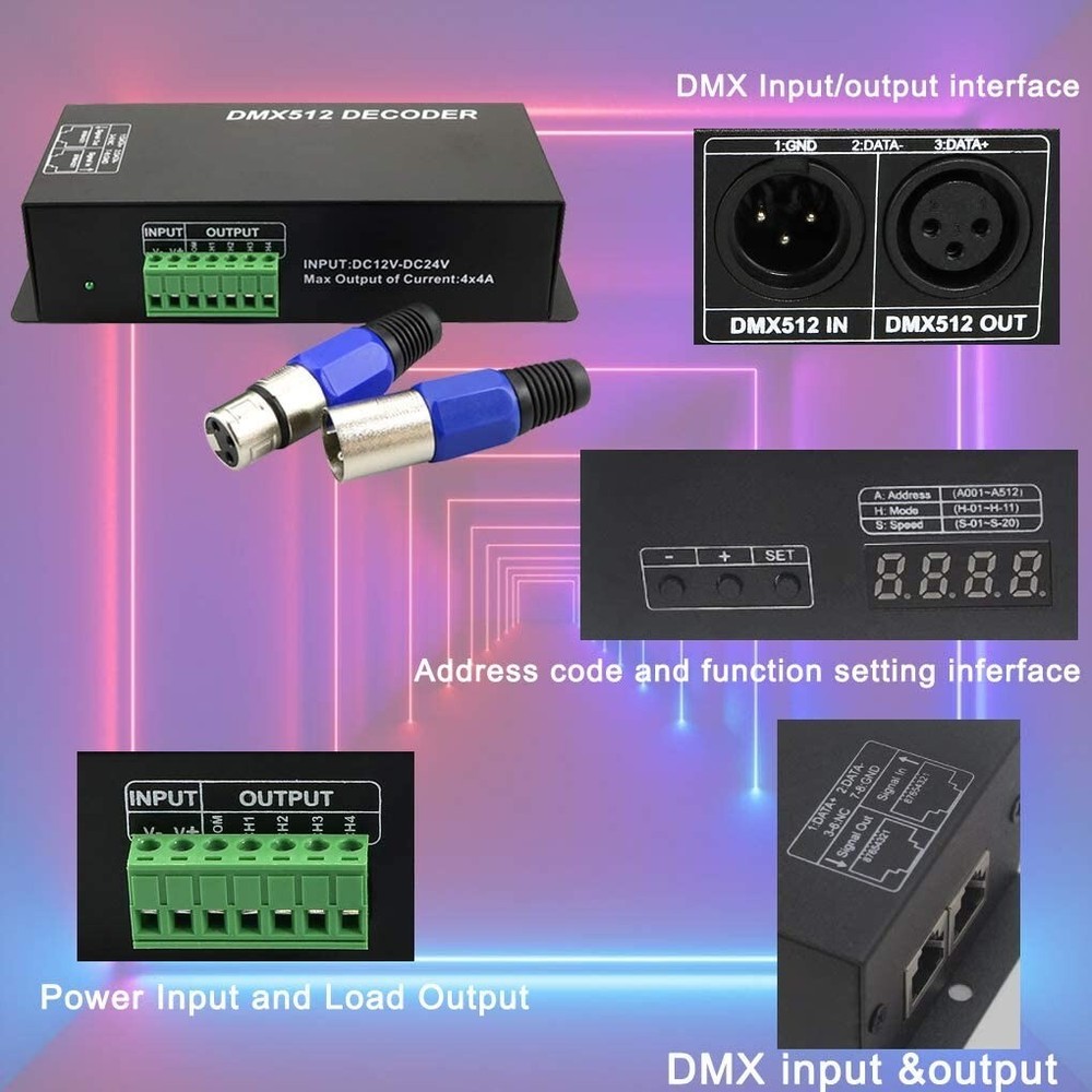 LED RGBW Controller 4x4A Decoder With Digital Display 4 Channel DMX512-4CH