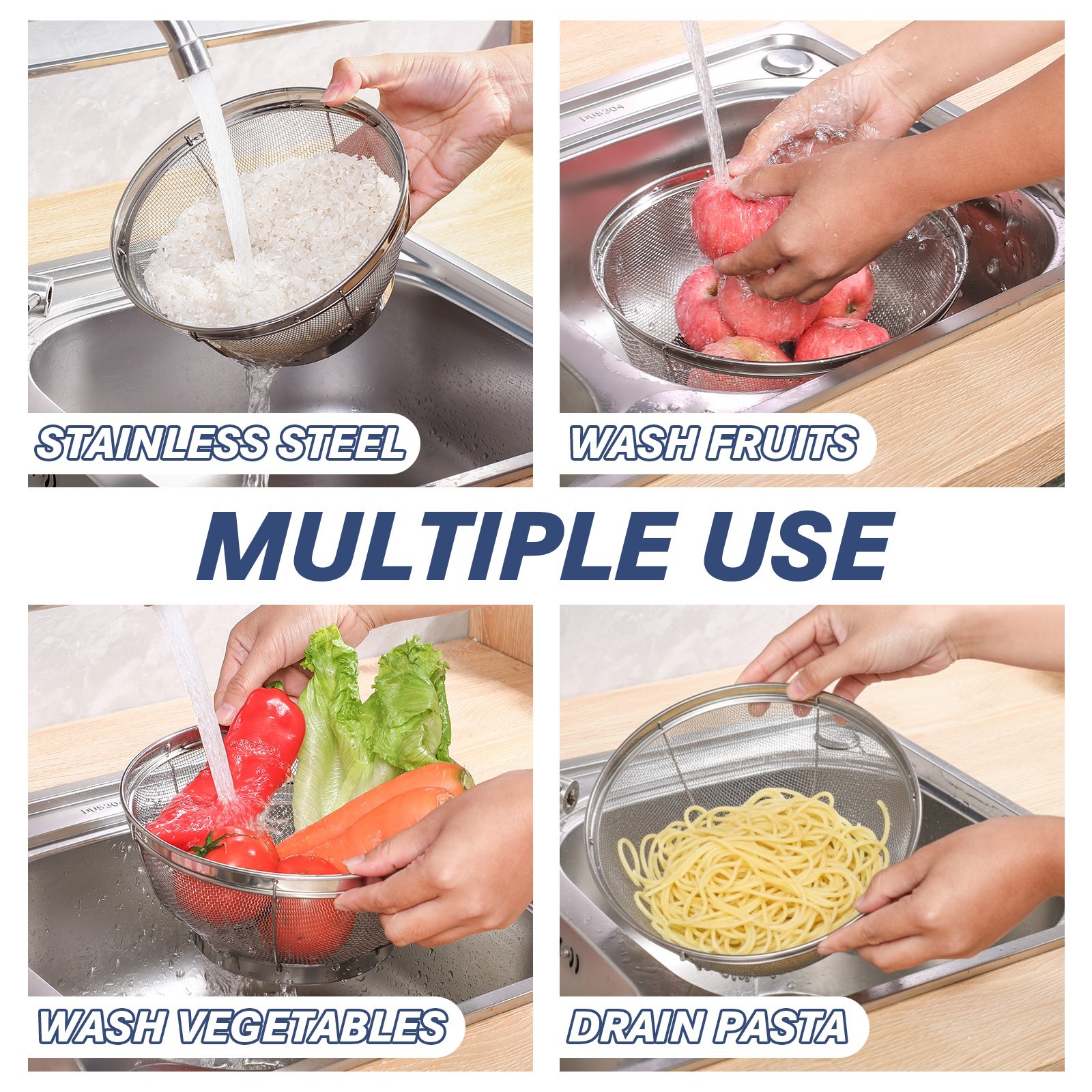 tastyWay 3pc Colander Set Stainless Steel Kitchen Mesh Strainer Net Baskets