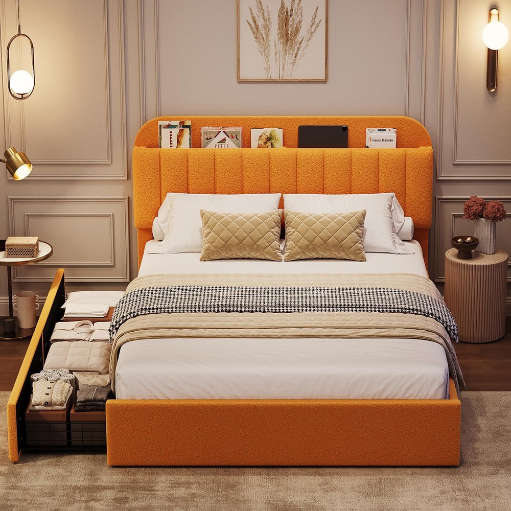 Full Size Bed Frame w/Storage Headboard ,Upholstered Platform Bed & Drawers Home