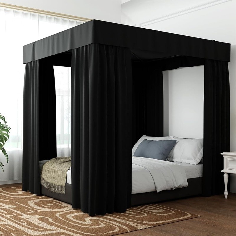 Lightproof Bed Curtains Soft Microfiber Easy Install Cozy Bedroom Decor Black