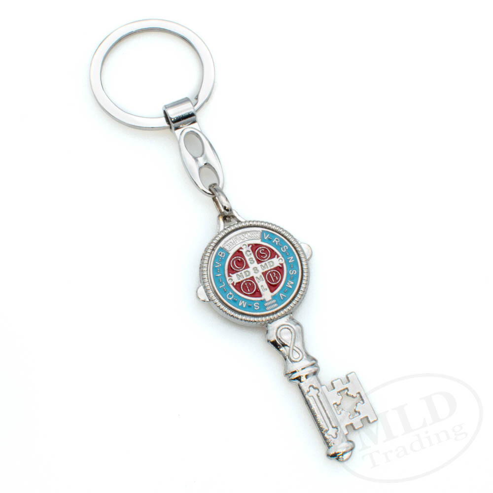Saint St Benedict Key Shaped Medal Pendant Key Chain Silver & Blue - Religious