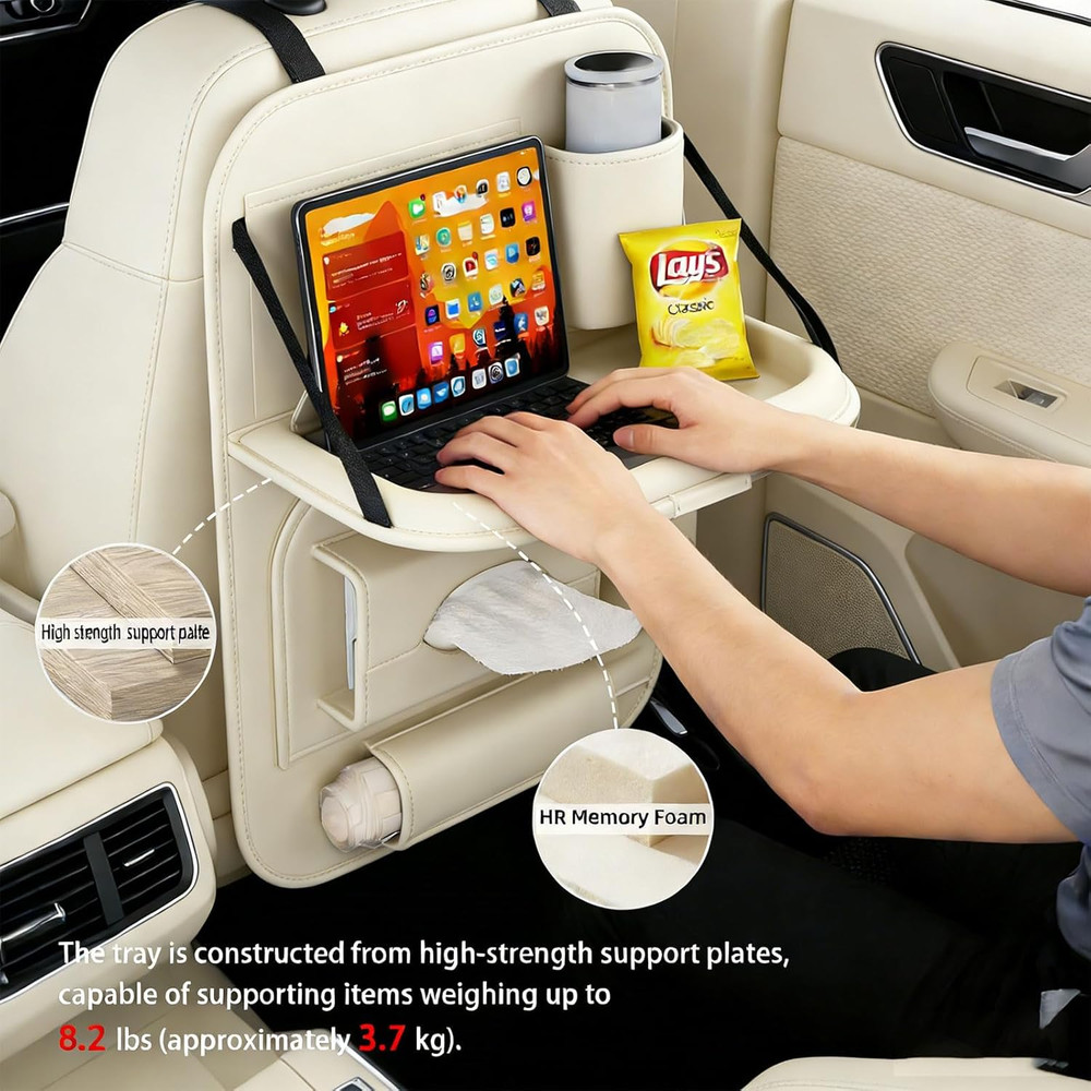 2 Pack Universal Premium Leather Foldable Car Backseat Organizer with Table Tray