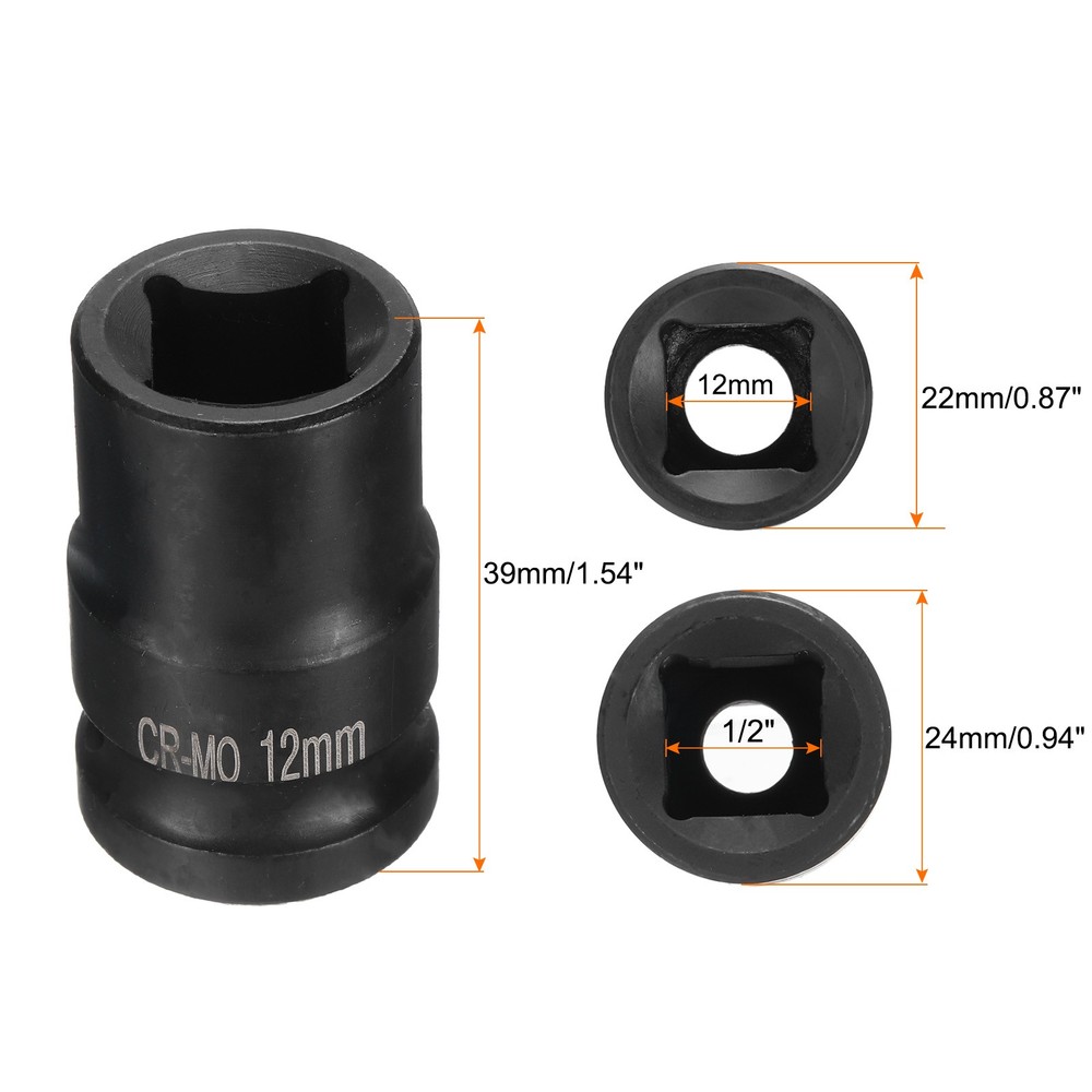 4 Point Square Socket 1/2" Drive 12mm Metric CR-MO Square Impact Wheel Socket