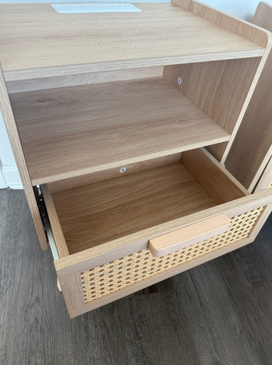 Set of 2 Brand New Night Stands Beige Wood Color Drawer Storage Powered Outlets!