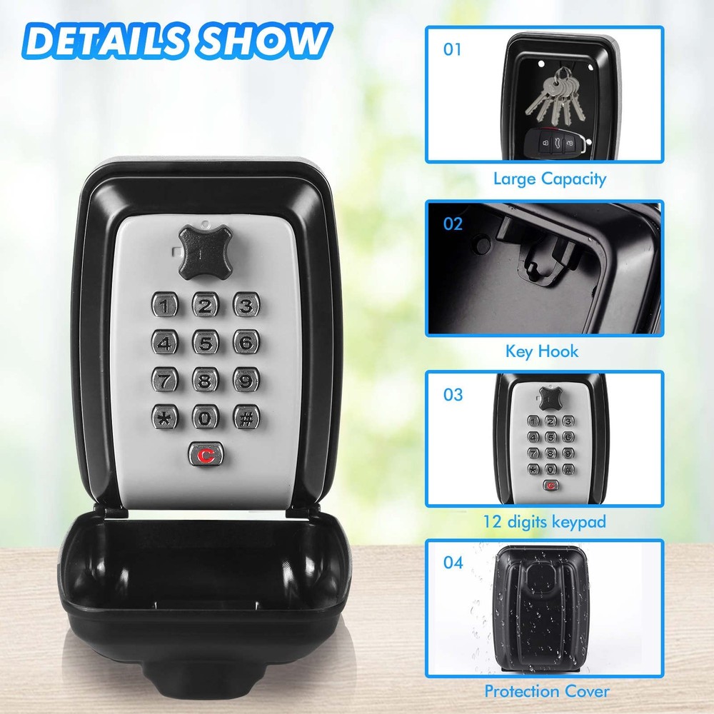 Key Lock Box, Wall Mounted Key Storage Box with 12-Digit Keyboard Combination...