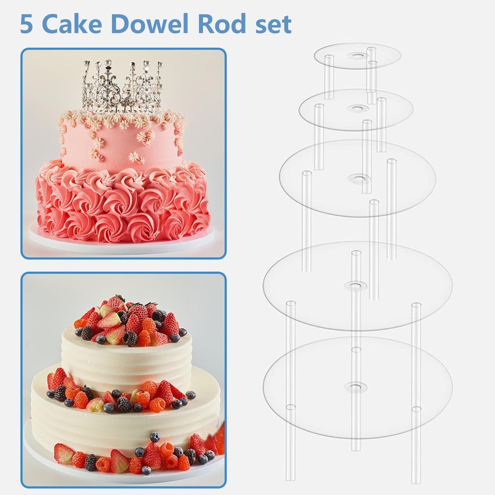 5 Pcs Cake Separator Plates Base Stands with 15 Pcs Plastic Dowel Rods
