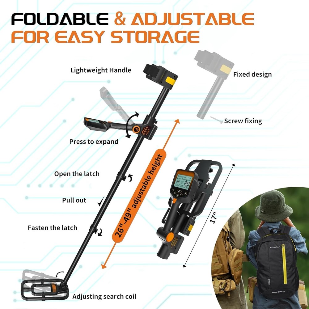 Foldable Rechargeable Metal Detector Waterproof Adjustable with Shovel Orange