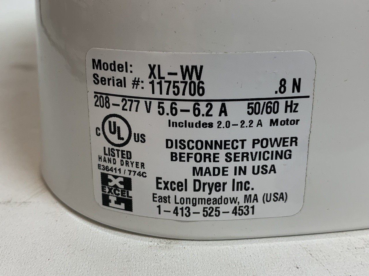 XLERATOR HAND DRYER XL-WV ECO NO TOUCH BATHROOM EXCEL XL W BW WHITE 208-277 VOLT