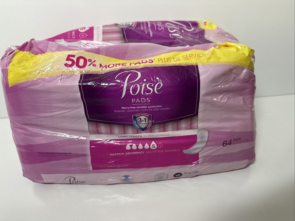 Poise Maximum Absorbency Long Length Pads, 64 Count – New Package