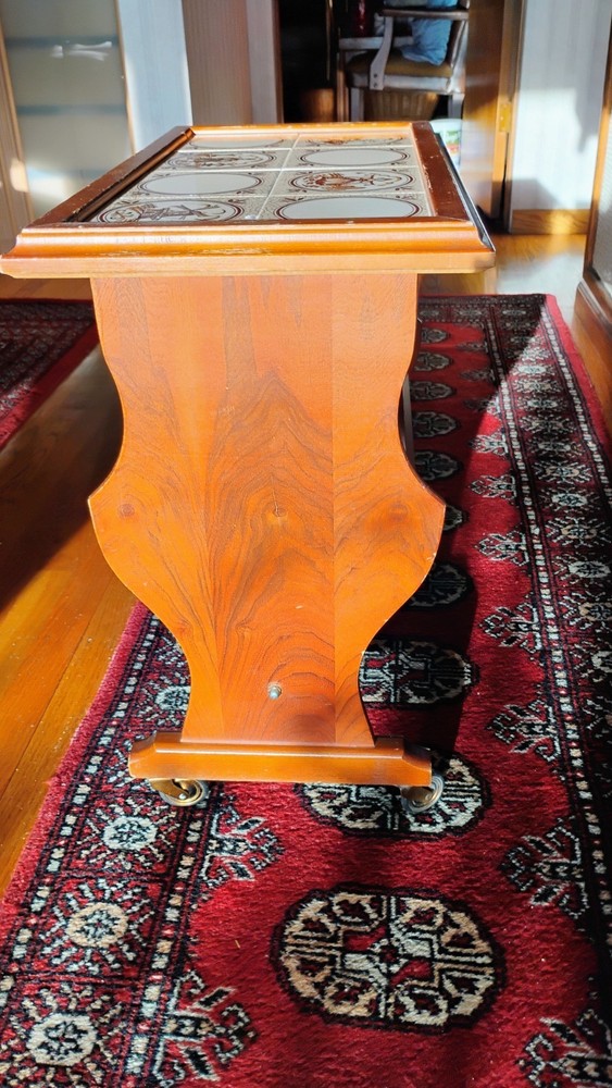 ANTIQUE WALNUT AND PINE TOP MAGAZINE RACK END TABLE On WHEELS.