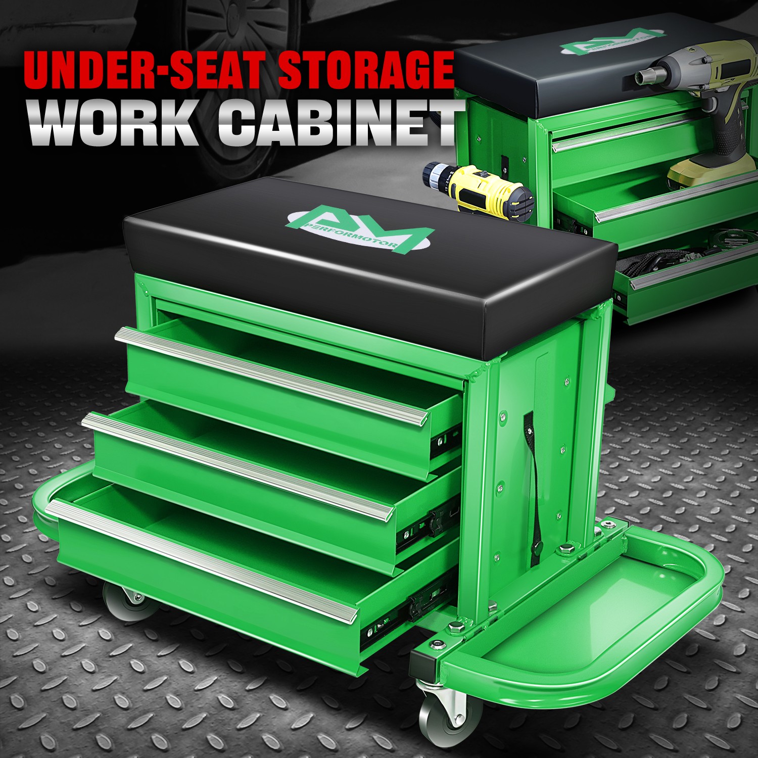 Mechanics Roller Work Seat w/ 3-Drawer Tool Box Storage Tray Padded Stool Green