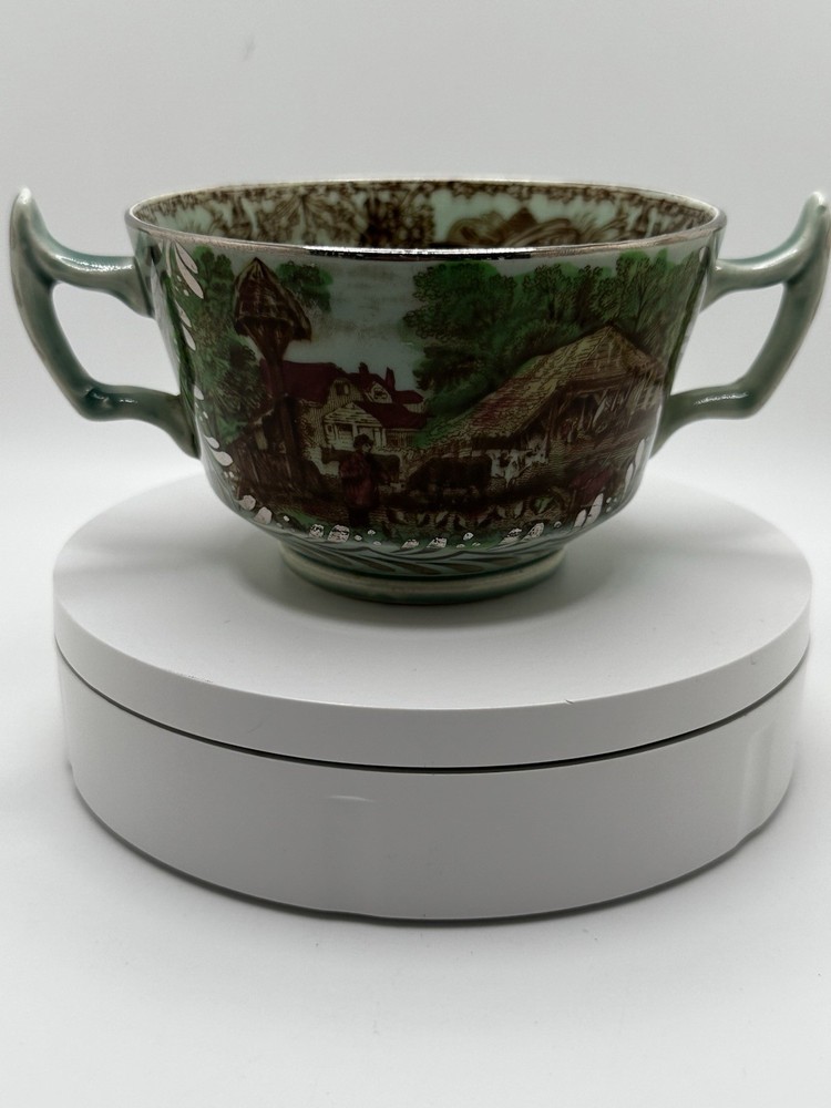 Rare Silver Overlay Pastoral Scene Poly Brown Transferware Cup