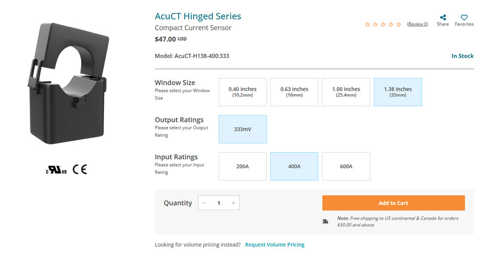 Hinged Split Core Current Transformer, AcuCT-H138-400:333, 1.38 in, 333mV, 400A