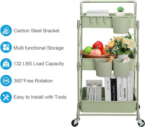 Foldable 3 Tier Metal Utility Rolling Cart Folding Mobile Multifunction Storage