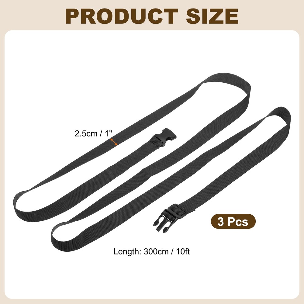 3pcs 1" x 10ft Utility Straps with Quick Release Buckle Adjustable, Black