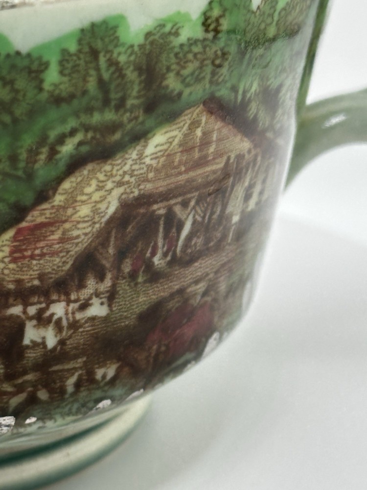 Rare Silver Overlay Pastoral Scene Poly Brown Transferware Cup
